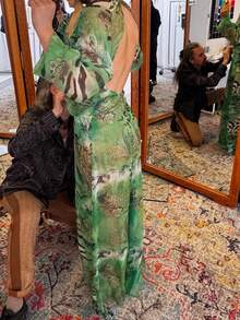 Kliou Tiger Stripe Print Deep V-Neck Backless Lantern Sleeve Long Dress Beach Party - Green - View 3