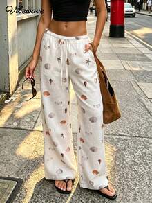 VIBEWAVE Shell And Starfish Print Drawstring Elastic Waist Wide-Leg Pants Women's Textured Vacation Style Loose Straight Casual Trousers - White - View 2