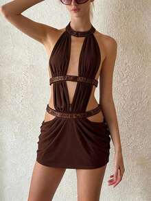 Top Dazzle Women's Glamorous Knit Halter Neck Mini Dress, Hollow Back Design, Creating Fashionable Look - Brown - View 7