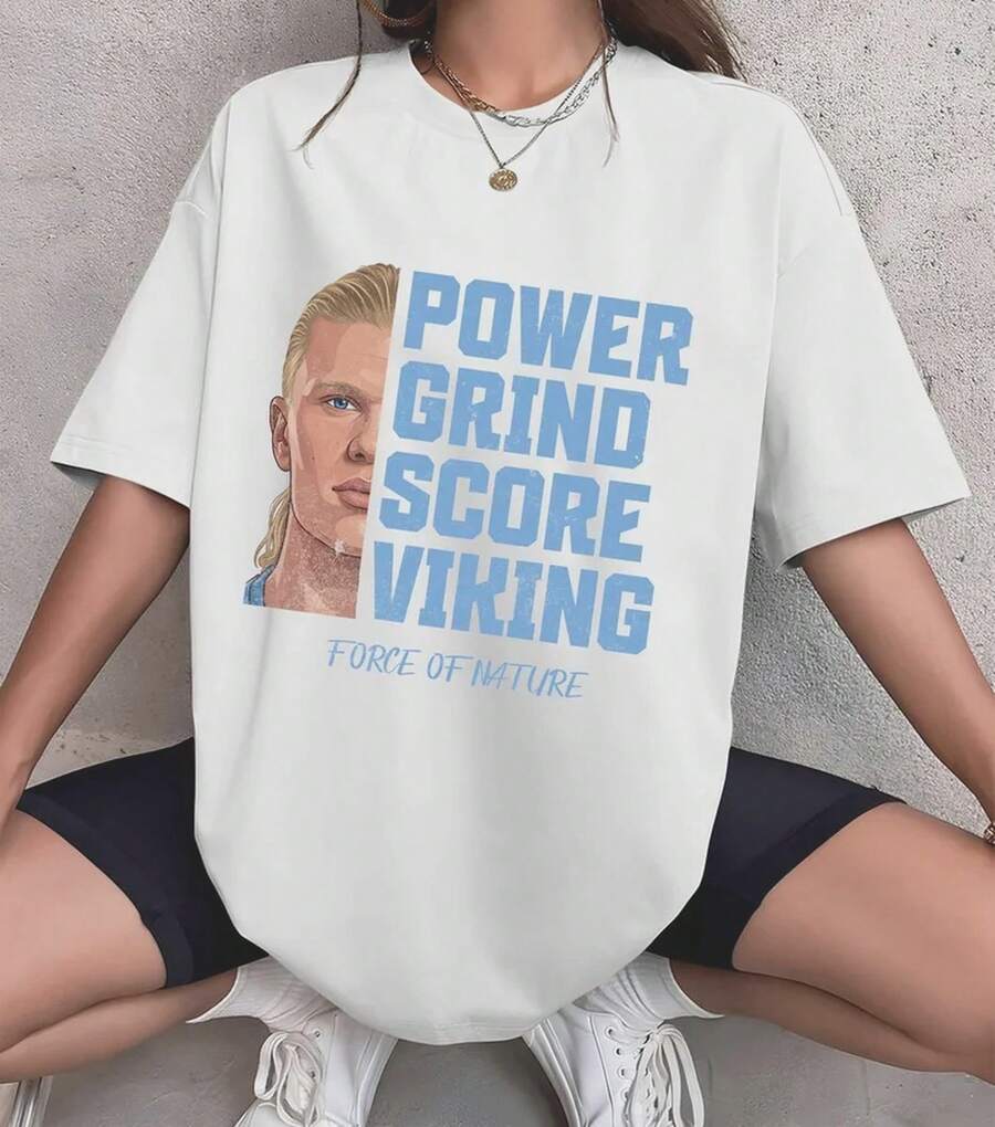 Camiseta con Gráfico Vikingo de Erling Haland: Camiseta para Fanáticos del Fútbol Power Grind Score - Blanco - Ver 1