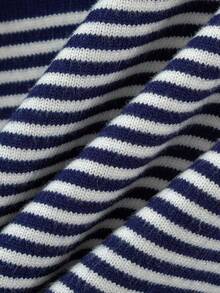 Navy Blue Patchwork Striped Crew Neck Knit Sweater, Minimalist Commuter Inner Layer, Segmented Color Block Design Adds Rich Layers, Fine Horizontal Stripe Texture Soft And To The Eye, Fitted Ribbed Hem Enhances Body Proportion - Navy Blue - View 7