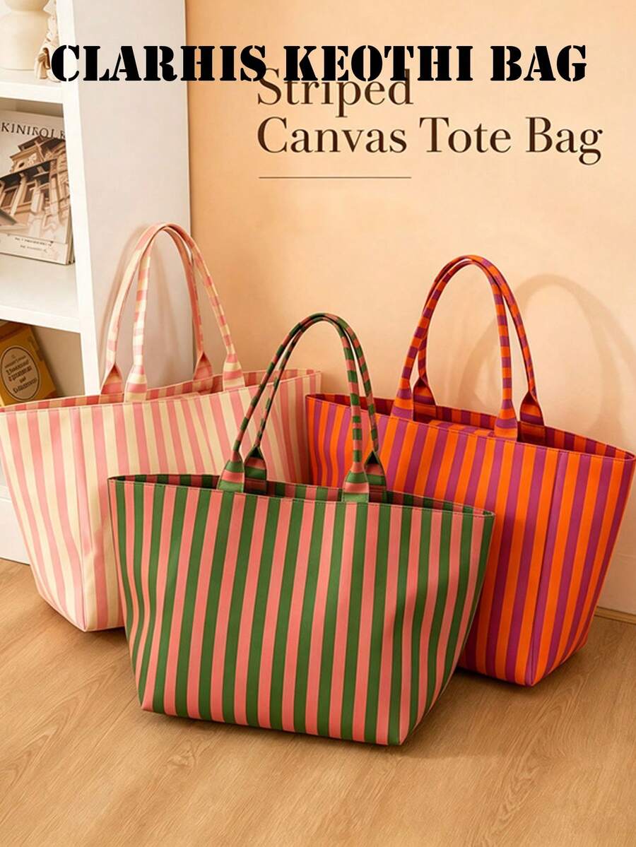 Tas Tote Kanvas Garis Vertikal Blok Warna, Pilihan Warna Beragam, Tas Bahu Genggam Kapasitas Besar untuk Belanja Sehari-hari dan Perjalanan Pantai - MultiWarna - View 1