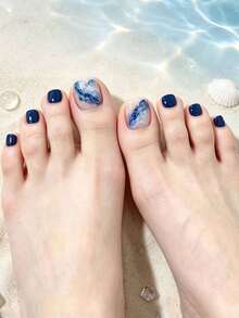 24pcs Short Navy Blue Wave Elegant Square Toenails + 1pc Jelly Glue + 1pc Nail File - Multicolor - View 3