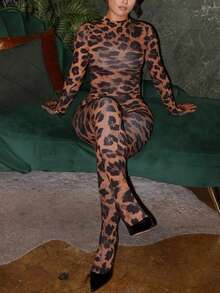 Set 2pcs DOUCIU Motif Ular Atasan Tube + Celana Pinggang Tinggi Gaya Klub Malam - Macan Tutul - View 2