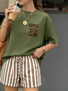 Plus Size Women's Coffee & Sunshine Print T-Shirt, Short Sleeve Crew Neck Regular Fit Top, High Elastic Fabric, Comfortable For Summer Wear - Army Green - View 8
