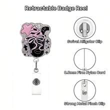 1 pièce/3 pièces/4 pièces Enrouleur de badge rétractable avec clip, motif crâne Halloween pailleté en acrylique noir et rose, convient aux professionnels de santé - Multicolore - Voir 4