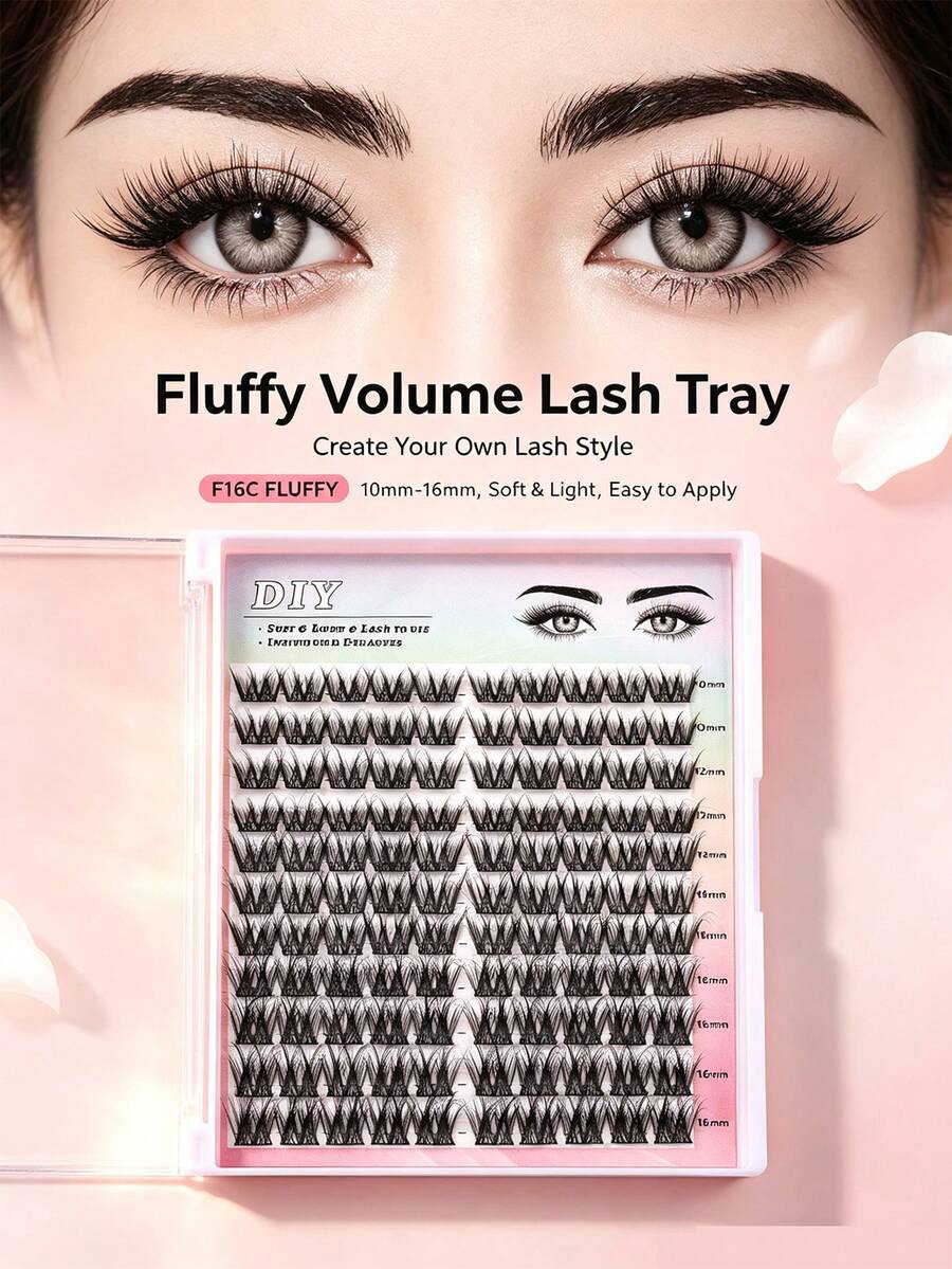 Individual Fluffy Lashes,Lash Clusters D Curl,12 Rows 12-16MM Mixed Lash Extensions,Soft And Natural Fluffy False Eyelashes Individual DIY Eyelash Extension At Home(F16)