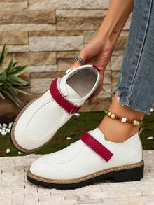 1 Pair Vintage Colorblock Hook & Loop Loafers For Women, Spring/Autumn New Round Toe Versatile Casual Commute Leather Shoes - White - View 2