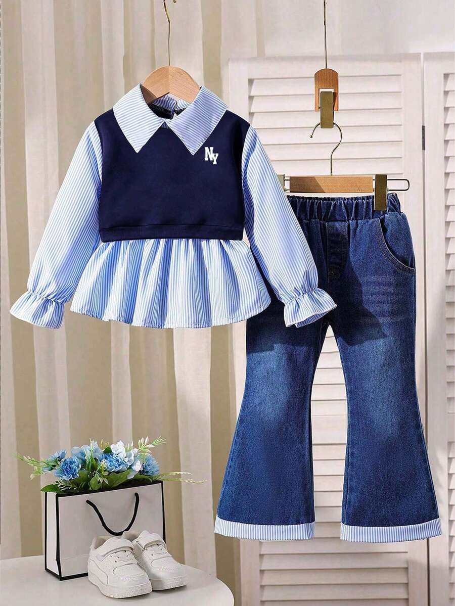 Young Girl Cartoon Print 2 In 1 Shirt Collar Long Sleeve Sweatshirt And Denim Jeans - Blue - View 1