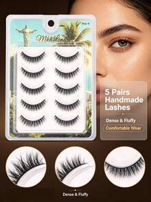 Mkhlina 5 Pairs Natural Short Fluffy Voluminous Lively False Eyelashes, Soft And Reusable For Daily Wear (PT21F) - 黑色 - 查看 6