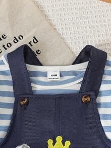 2pcs/Set Baby Boy Casual Comfortable Blue Striped Long Sleeve T-Shirt And Cute Elephant Pattern Embroidered Shoulder Strap Romper Set, Suitable For Autumn - Blue - View 6