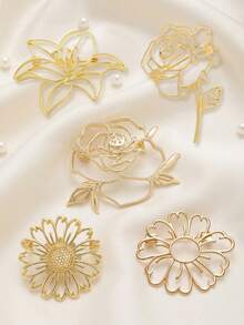 4pcs Elegant Golden Minimalist Hollow Flower Brooches, Line Art Rose Daisy Lily Pins For Backpack, Women Aesthetic Jewelry Accessories, Y2K - Gold - View 5