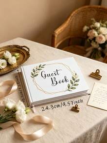 1pc Mori Style Gold Frame Green Leaf Wedding Guest Book, White Hardcover Foil Stamped Botanical Wreath Guest Message Memorial Album, With Pink Ribbon Bookmark, Minimalist Fresh Ins Style Wedding Decor, Suitable For Western Wedding, Engagement Party, Anniversary Party, Outdoor Lawn Wedding Guest Signature Keepsake, Watercolor Branch Leaf Geometric Gold Edge Design Cover, Elegant And Sophisticated - A - View 5