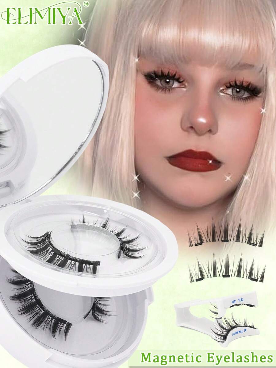 2 Pairs Anime Eye Magnetic Eyelashes With Applicator Reusable Magnetic Lashes Kit Waterproof No Glue Needed False Eyelashes,Easy To Wear And Save Time - 黑色 - 查看 1