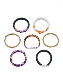 7pcs Halloween Pumpkin Ghost Letter Beaded Bracelet Set, Elastic, Halloween Statement Jewelry, Gift - Multicolor - View 4