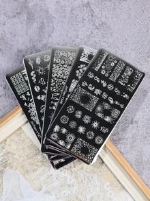 5件組煙火塗鴉蝴蝶結卡通圖案不鏽鋼美甲印花板 DIY美甲工具 - 銀色 - 查看 4