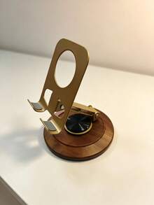 1pc Walnut Wood Base Metal Bracket 360 Degree Rotating Foldable Thickened Solid Wood Multi-Compatible Phone Tablet Universal, Portable Foldable Desktop Phone Stand, Compact Phone Stand, Suitable For Desktop, Office, Kitchen And Bedroom - A - View 2