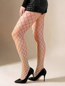 Rainbow Gradient Large Mesh Fishnet Tights, High Elasticity Breathable Snag-Resistant Y2K Millennium Hot Girl Music Festival Personalized Colorful Mesh Stockings - Multicolor - View 6