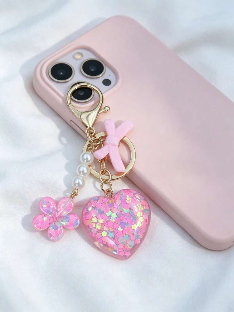1pc Cute Couple Heart Keychain, Women's Handbag Pendant, Pink