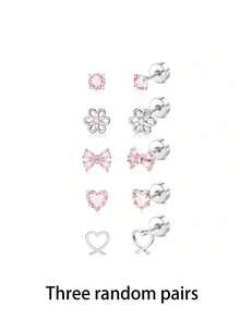 5 Pairs Women's Hypoallergenic Earrings, Cute Screw Back Earrings, Surgical Steel Cute Pink Butterfly Heart Flower CZ Flat Back Studs - 5 Pairs Of Pink Stud Earrings + Butterfly Stud Earrings - View 13