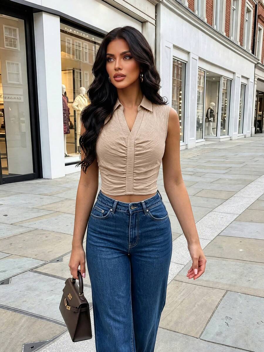 Elegant Sleeveless Crop Top For Women, Ruched Shirred Detail, Woven Collar Blouse, Versatile Fall Style - Light Khaki - View 1