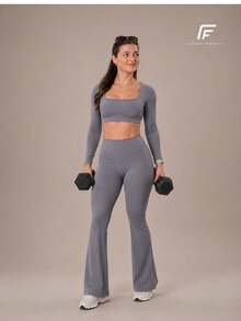 Plain Zero-Transparency Polyamide Flare Long Sleeve Fitness Gym Set - Grey - View 6