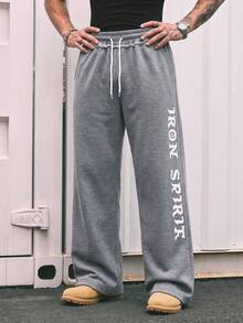 1pc Men's Minimalist Street Style Artistic Gothic Font Wide Leg Loose Casual Long Pants - Dark Grey - View 1