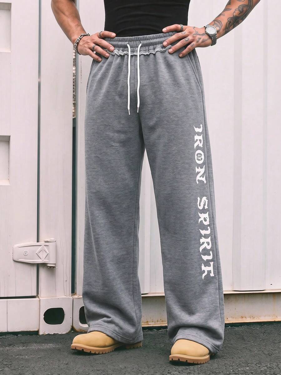 1pc Men's Minimalist Street Style Artistic Gothic Font Wide Leg Loose Casual Long Pants - Dark Grey - View 1