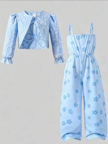 Young Girl Jacquard Textured Cardigan Jacket And Printed Floral Jumpsuit Set, Fashionable Casual Cute Elegant Spring Autumn Winter Outfit - Dusty Blue - View 2