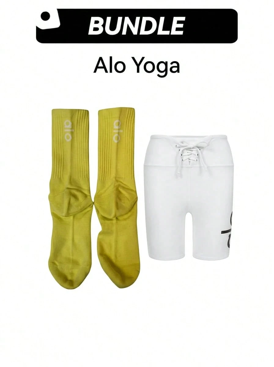 Alo Yoga Socks & Shorts 2 Pieces Set Lightweight Breathable - Yellow+White/black - View 1