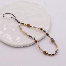 1pc Niche Korean Style Crystal Beaded Phone Chain Wrist Strap, Versatile Anti-Loss Phone Case Charm For Women - Coffee Brown - View 2