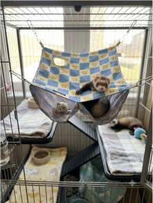 1pc Double-Layer Floral Pattern Ferret Hammock, Blue Sugar Glider Hanging Sleeping Bag, Waterproof Tunnel Nest, Hiding Place, Breathable, Multi-Opening, With Hooks, Cage Accessory, Suitable For Rabbits, Hamsters, Small Pets, Hamster Supplies - A - View 7