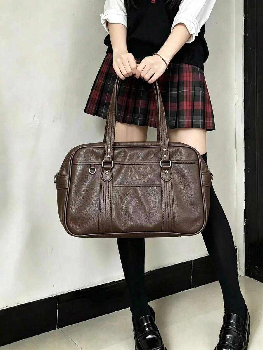 日系校風 JK 制服包,極簡校風通勤斜挎包,大容量托特包 - 咖啡棕 - 查看 1