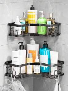 Minimalist Corner Storage Basket, Comes With Traceless Adhesive Hooks, Hollow Wrought Iron For Easy Cleaning, Right-Angle Fits Wall Without Taking Space, Corner Storage Rack, Suitable For Toiletries In Bathroom, Seasonings In Kitchen And Beauty Sundr - Multicolor - View 5
