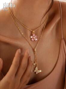 Hihho 2pcs European And American Style Pink Flower & Butterfly Y-Necklace, Double Layer Fine Chain Luxury Beach Vacation Necklace, Suitable For Beach Vacation, Date Afternoon Tea, Poolside Outfit, Short Trip, Daily Commute - Clavicle Chain - View 1