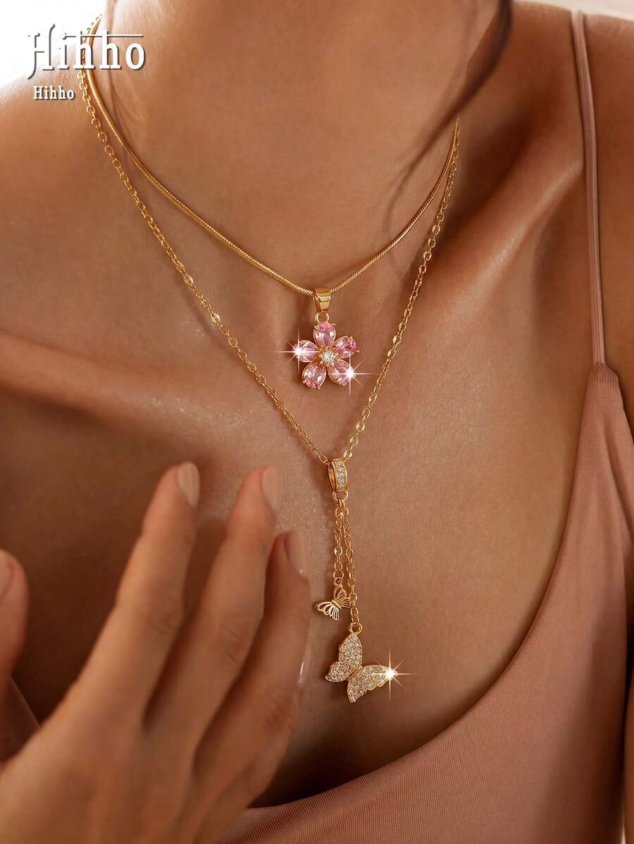 Hihho 2pcs European And American Style Pink Flower & Butterfly Y-Necklace, Double Layer Fine Chain Luxury Beach Vacation Necklace, Suitable For Beach Vacation, Date Afternoon Tea, Poolside Outfit, Short Trip, Daily Commute - Clavicle Chain - View 1