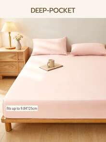 1pc Solid Color 25cm Deep Pocket Fitted Sheet, Soft Breathable Mattress Protector, Suitable For All Bed Sizes, Dorm Home Bedding Decor - Baby Pink - View 4