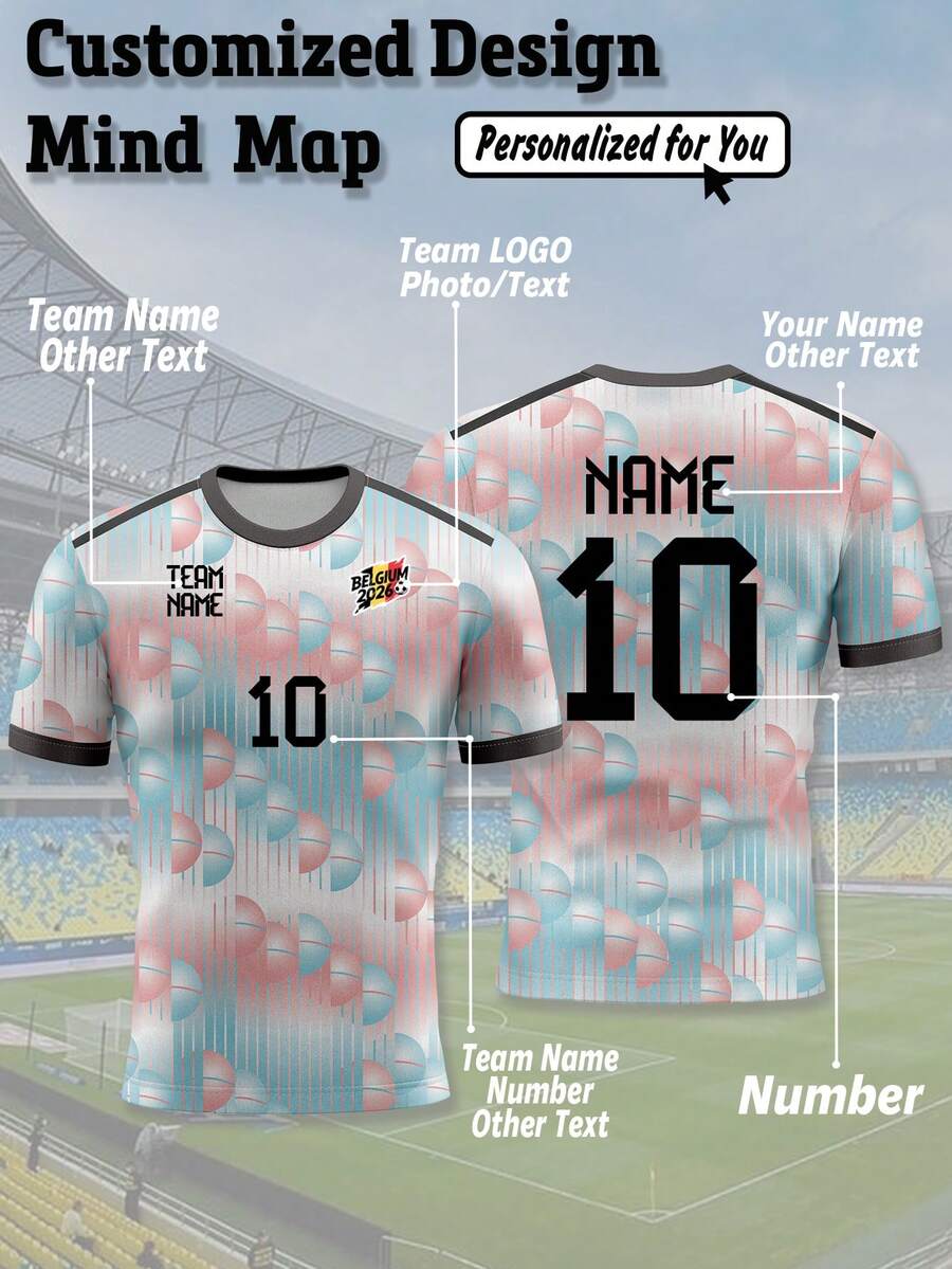 1pc Belgium Away Pink-Blue Gradient Geometric Pattern Men's Football Jersey, Customizable Name, Number, Logo, Best Gift, Sports/Casual Summer - Multicolor - View 1