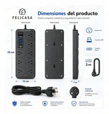 F Felicasa 2 Piezas Multicontactos Usb 2500w Cable De Cobre De 2 Metros Con 8 Salidas+3 Usb+1 Tipo C 10a 110v-220v Cable Para Extensiones Electrica Extension Uso Rudo Resistente Al Fuego Color Negro - Tipo de Enchufe B USA (110-127V) - Ver 7
