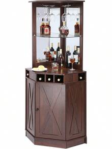 Mueble de Bar Industrial de Esquina, Mesa de Vino para licores y Copas, aparador con Porta Vasos, Armario de Bar de café de Madera Estilo Granja Independiente para Sala de Estar, (Nogal Negro) - Negro - Ver 9