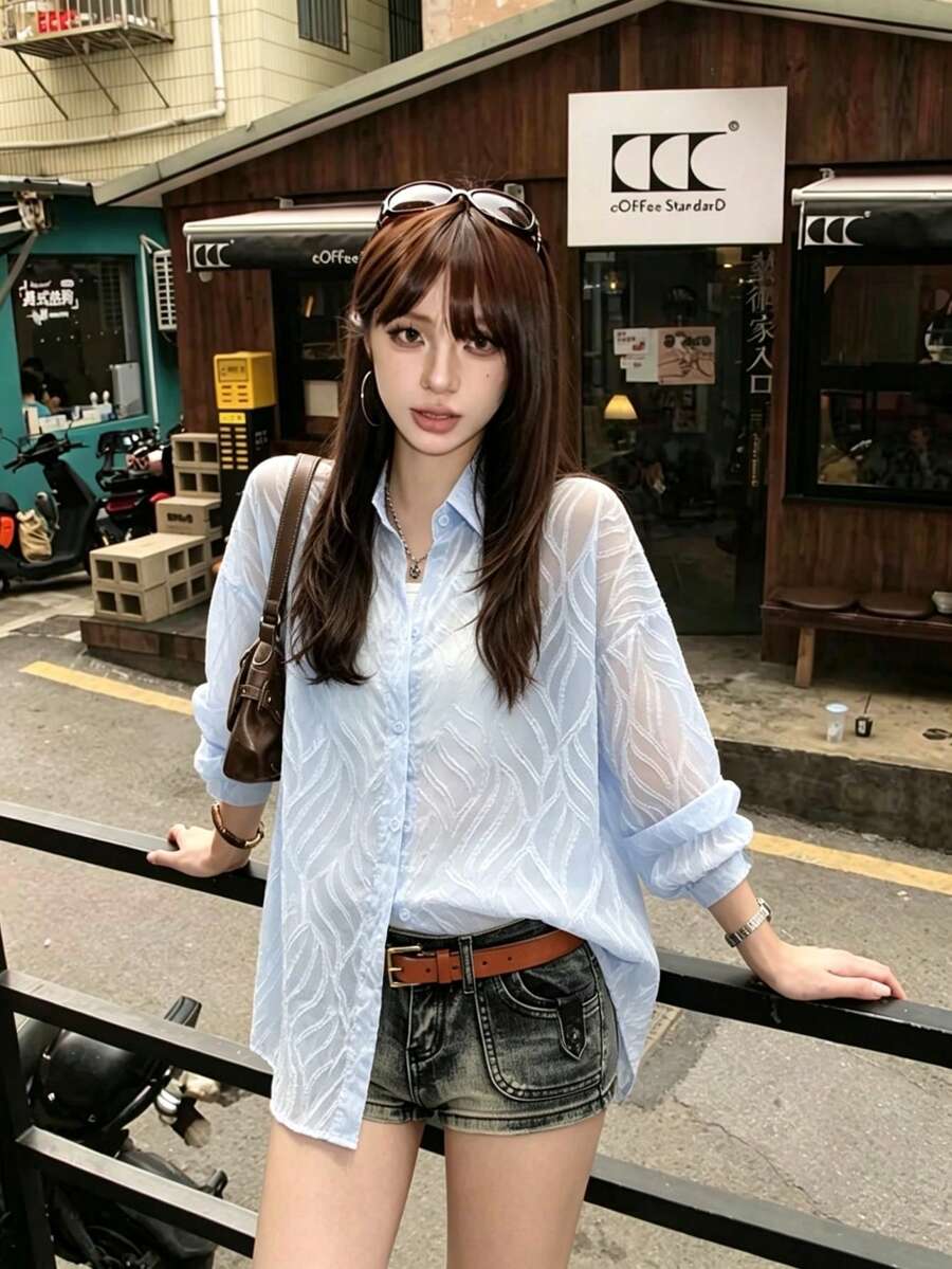 1件女款淺藍色半透明紋理長袖 Polo 衫,寬鬆版型梭織面料上衣,適合秋季日常穿著 - 藍色 - 查看 1