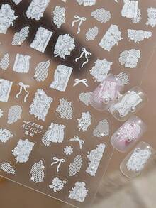 1件精緻5D 3D美甲貼紙，熱門DIY美甲貼紙，蕾絲與蝴蝶結裝飾 - 白色 - 查看 6
