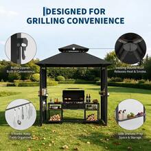 Cenador para parrilla 8x5 pies para exteriores - Techo doble metálico, resistente al clima - Incluye toldo, 2 barras de servicio, 5 ganchos, abrebotellas y estacas - Ideal para patio o jardín - Negro - Ver 2