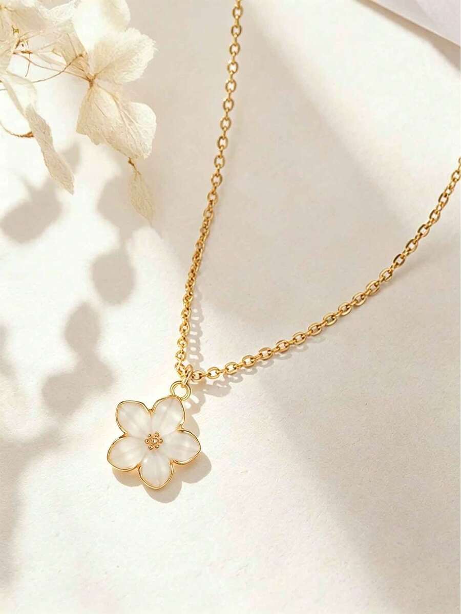 1pc Exquisite Fashionable Five-Petal Flower Pendant Summer Collarbone Necklace, Stainless Steel Necklace, Sweet & Cute Street Style Accessory, Perfect For Daily Wear - Cherry Blossoms - View 1