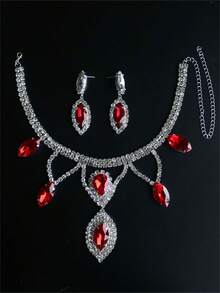 Übertriebene personalisierte Wassertropfen Halskette & Ohrringe Mode Multifunktionale Strass Braut Hochzeit Schlüsselbein Kette - Rot - Übersicht 2