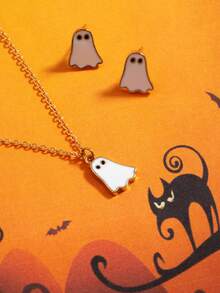 3pcs/Set Exquisite Cute White Little Ghost Earrings, Necklace Set, Halloween Jewelry Set - Multicolor - View 5