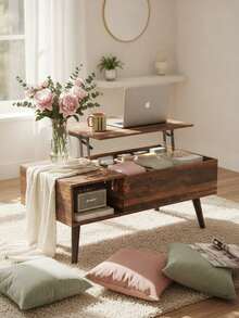 39" Lift Top Coffee Table With Hidden Storage Compartment & Open Shelf, Rustic Farmhouse Wood Coffee Table With Storage For Living Room, Home Office & Small Apartment - Rustic Brown - View 2