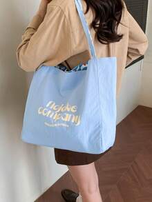 Women 2 Sides Reversible Shopping Tote Bag Big Capacity Letter Graphic Wave Polka Dot Print Portable Daily Shoulder Bag - Baby Blue - View 2