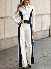 Women's Spring/Autumn Casual Elegant Contrast Color Lapel Long Sleeve Top And Contrast Color Long Pants 2 Pieces Set White - White - View 4