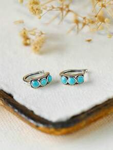 1 par de pendientes de aro vintage plateados de turquesa sintética, 3 pendientes en forma de C con piedra ovalada estilo western boho, joyería retro de vacaciones para mujer - Azul - Ver 3